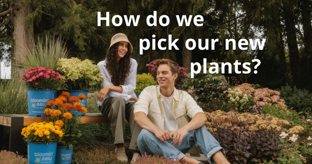 People choosing plants in a garden setting.